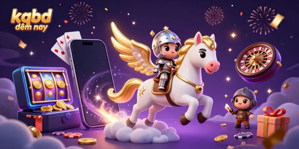 Experience kqbd đêm nay with a dynamic 3D illustration of a celestial horse and knight amidst casino elements.