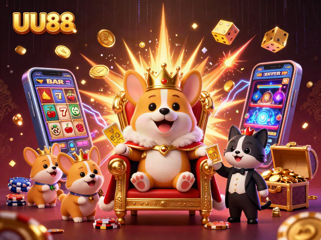 Spin the reels with UU88 featuring a royal corgi and captivating casino elements in 3D.
