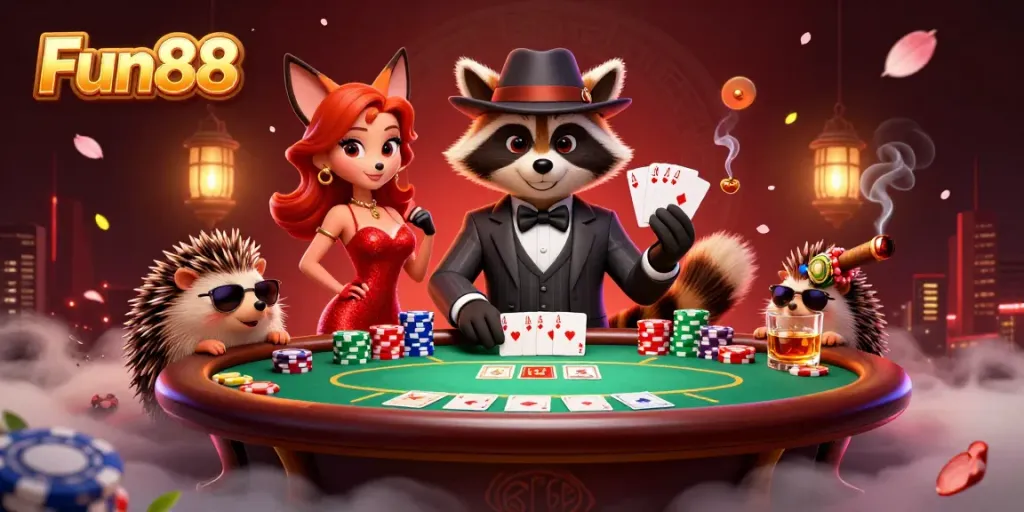 Experience the Fun88 Casino with a suave raccoon character showcasing a royal flush hand amidst vibrant casino elements.
