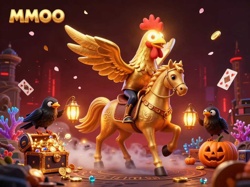Experience the thrilling MMOO casino scene with a golden rooster headless horseman amidst treasure and mythical creatures.