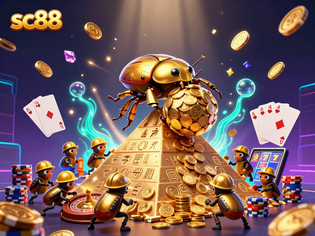 Experience casino excitement with sc88 in a vibrant 3D illustration showcasing golden beetles and gaming elements.