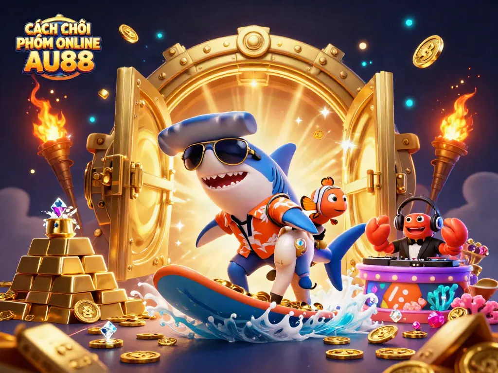 Experience CÁCH CHƠI PHỎM ONLINE AU88 with a vibrant 3D illustration of fun characters amidst treasures.
