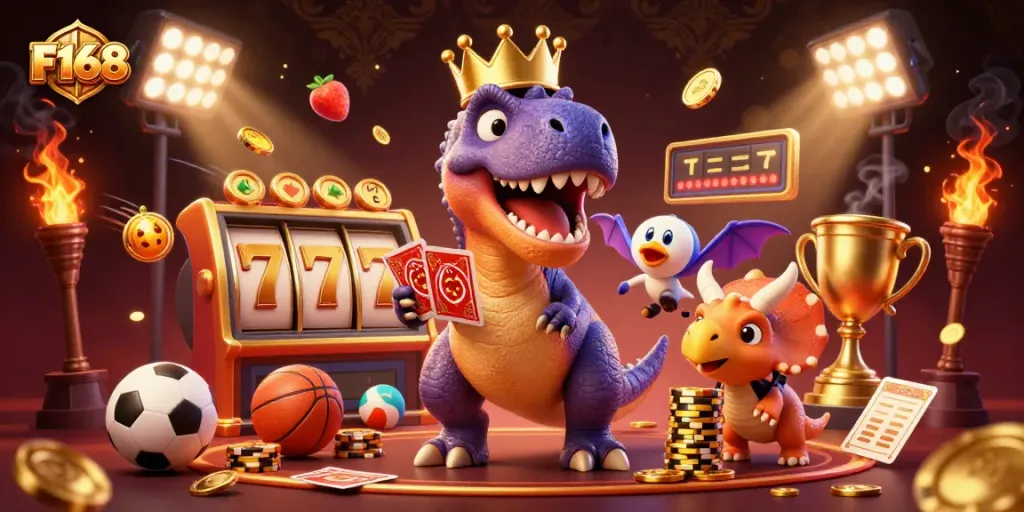 Experience the thrilling F168 casino world with a T-Rex at the card table and golden chips stacked high.