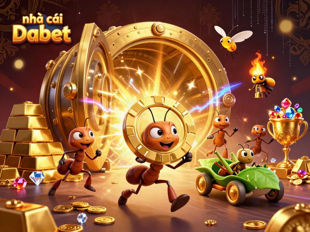 nhà cái Dabet showcases a lively scene of ants in a heist with golden poker chips and treasures.