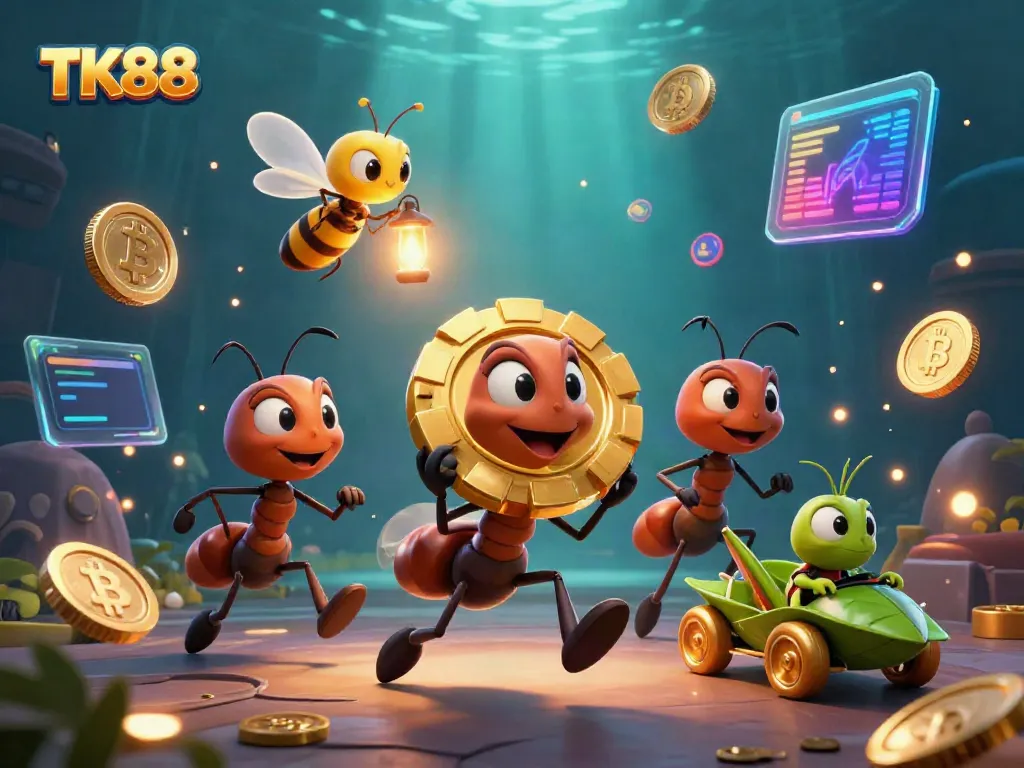 TK88 heist illustration showcasing cartoon ants stealing a giant poker chip in a vibrant casino setting.