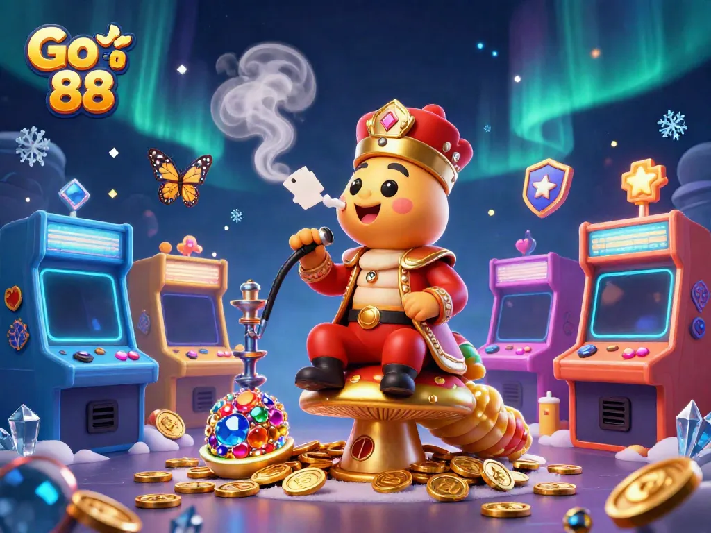 Go 88 transforms into a dynamic casino scene with a whimsical caterpillar character and vibrant gaming elements.