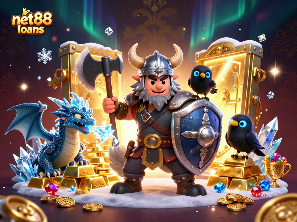 Engage in thrilling net88 loans with Viking warriors and treasure in 3D casino graphics.
