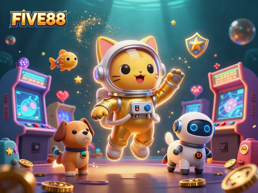 Experience the excitement of FIVE88 with a vibrant 3D space casino scene featuring dynamic characters and game elements.