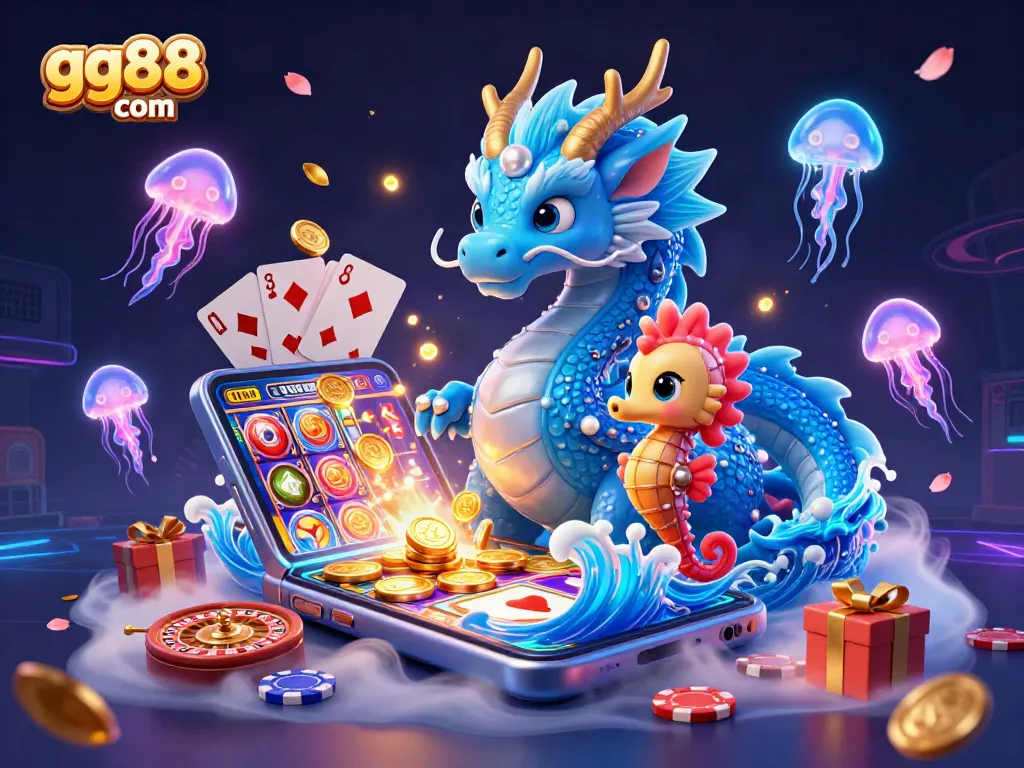 Engage in thrilling gameplay at gg88 com with an illustration of a vibrant casino atmosphere featuring a water dragon, seahorse knight, and slot games.