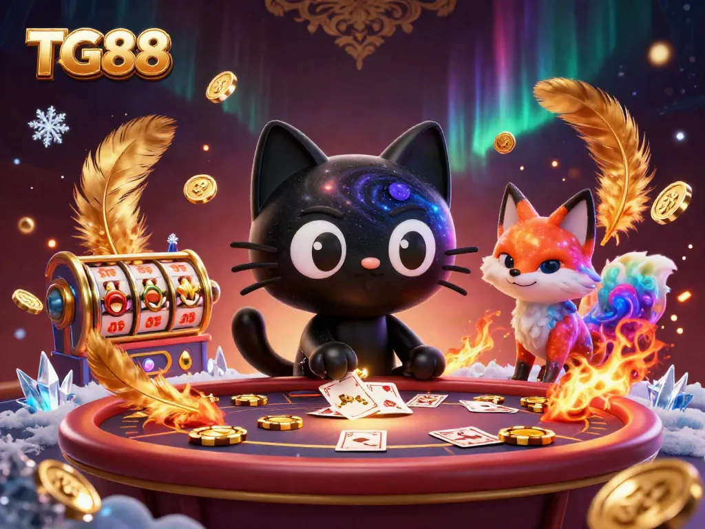 Experience the excitement of TG88 with captivating characters at a cosmic casino table, surrounded by vibrant game elements.