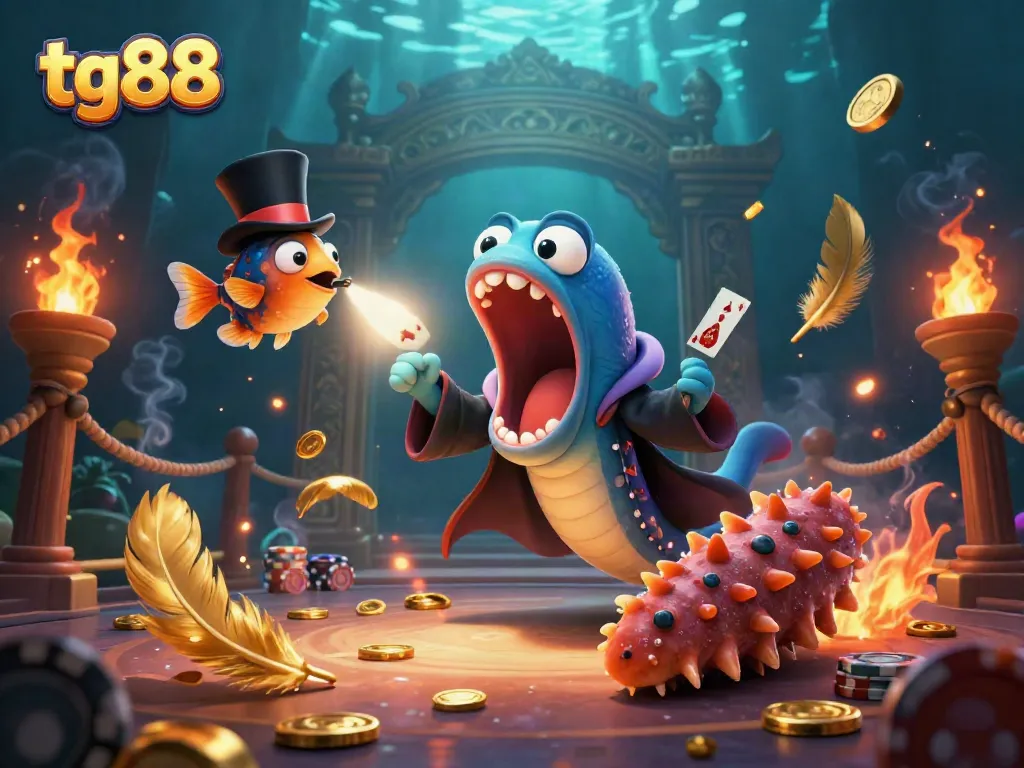 Experience the thrilling magic of tg88 with a bioluminescent eel performing tricks in a magical underwater casino scene.