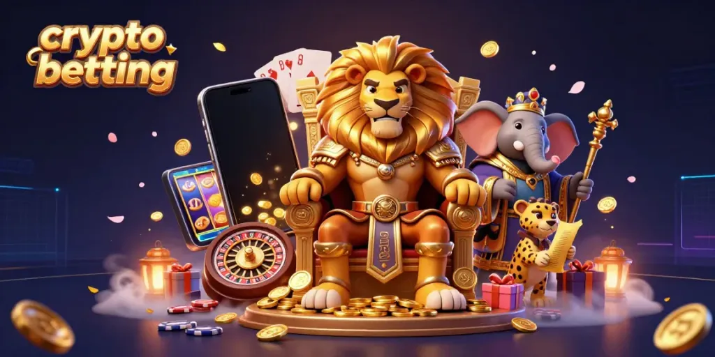Experience crypto betting with animated characters and vibrant gaming elements in this lively illustration.