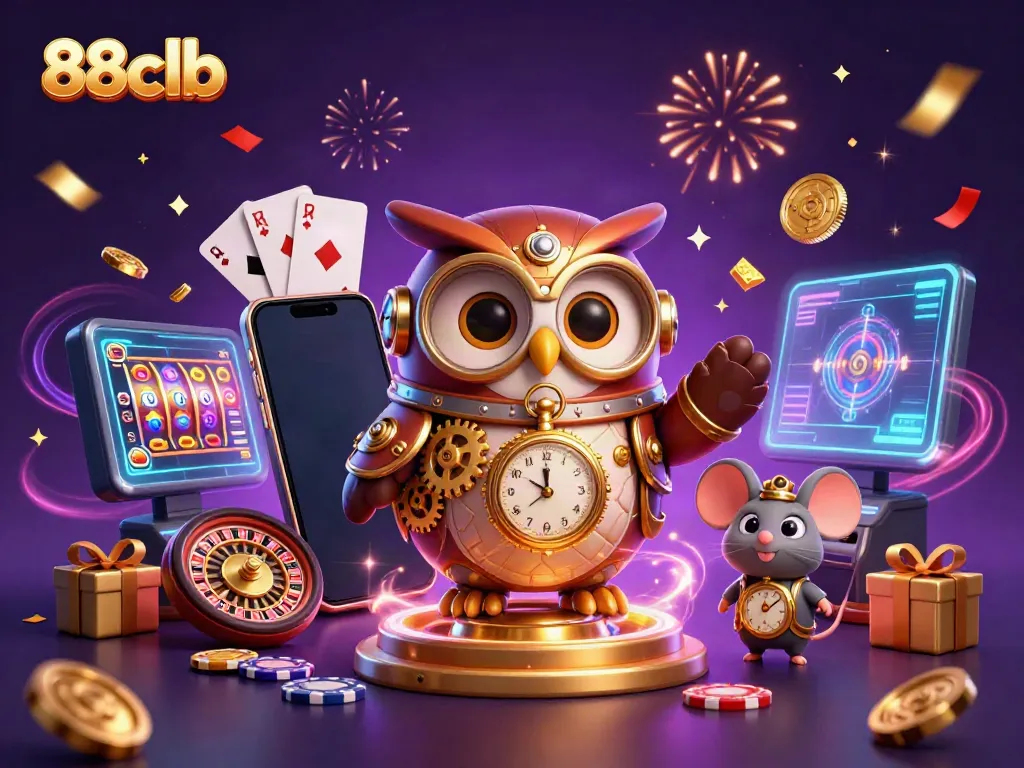 Engage with thrilling games at 88clb amid steampunk elements and vibrant casino graphics.