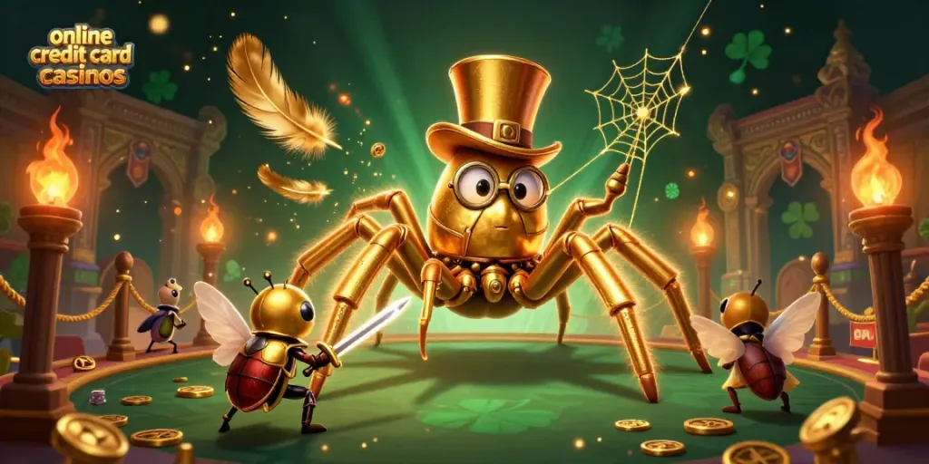 Engage with dynamic online credit card casinos featuring a vibrant scene of a golden tarantula and beetle knight.