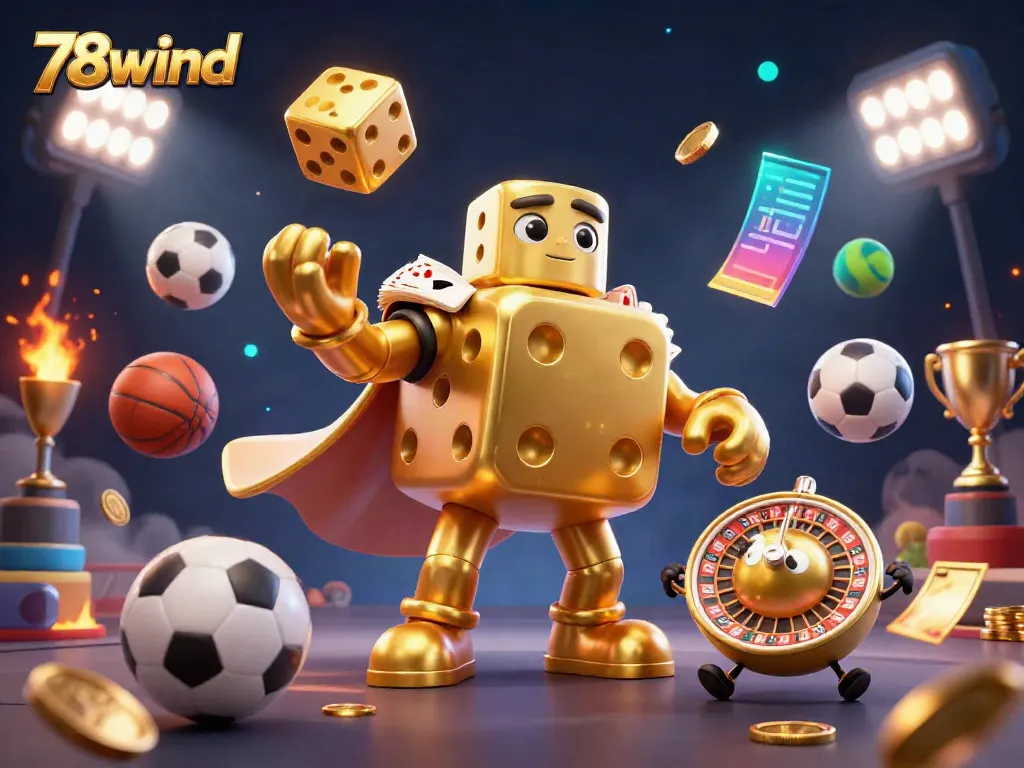 Engage with the thrilling world of 78wind through dynamic golden dice and sports elements in a vibrant 3D casino scene.