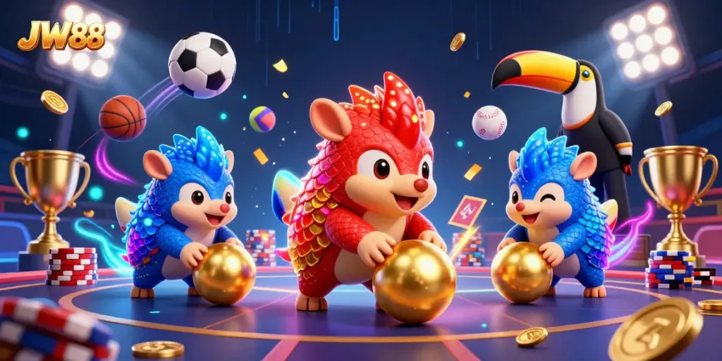 JW88 pangolins bowling through poker chips in a festive casino scene, lively and dynamic.