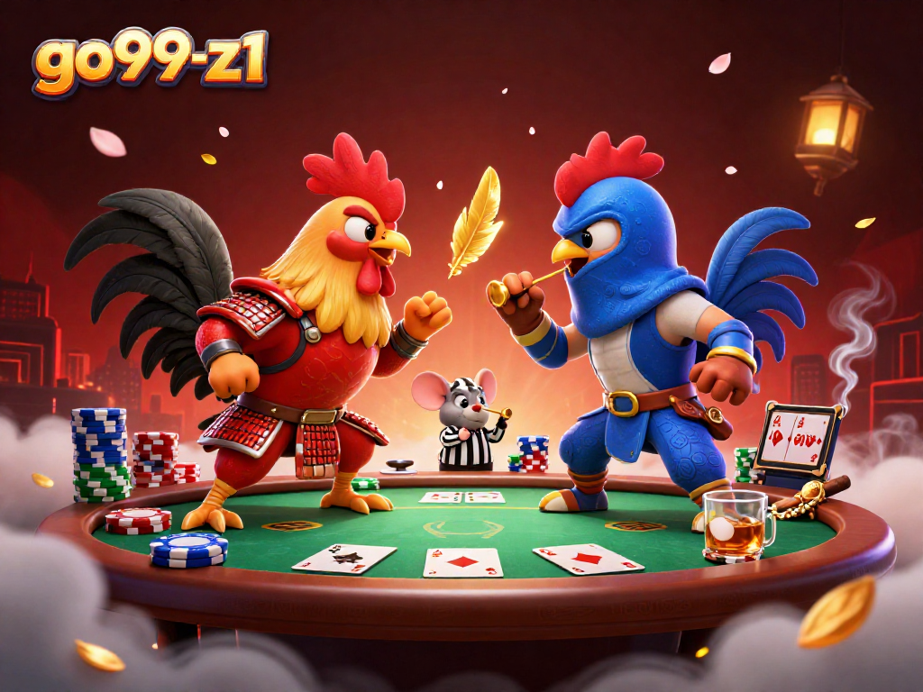 Engage in thrilling poker action at go99-z1 with roosters in combat, poker chips, and high stakes!