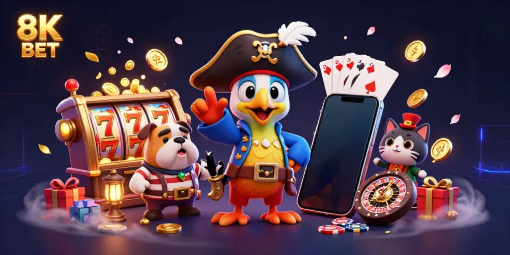 Join the fun with 8K BET in this vibrant illustration of pirates, slot games, and exciting casino elements.