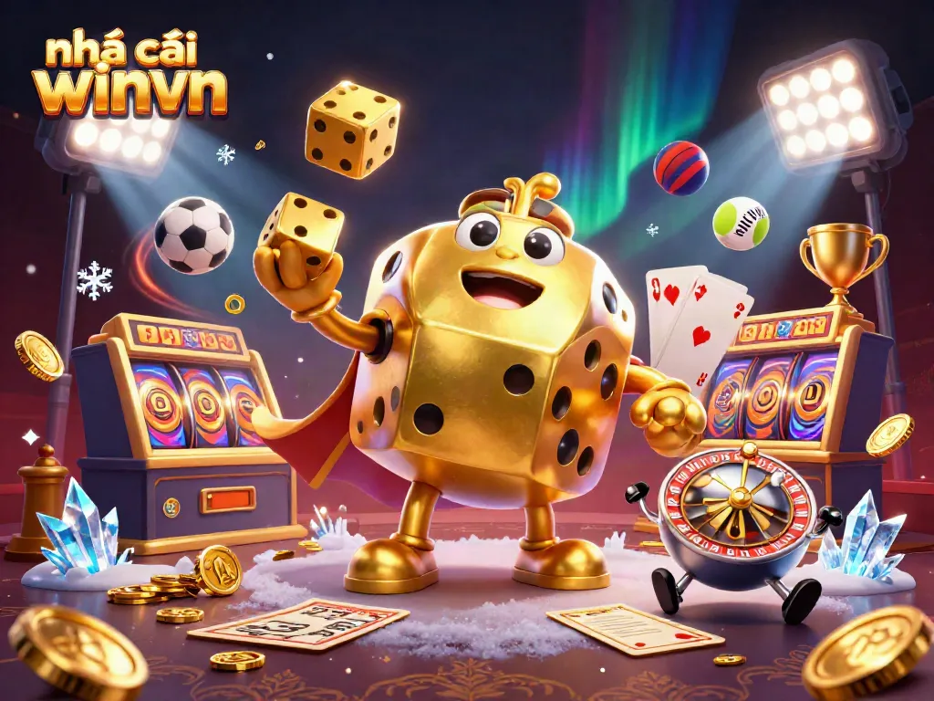 Experience the thrill at nhà cái winvn with dynamic golden dice characters juggling and vibrant casino elements.
