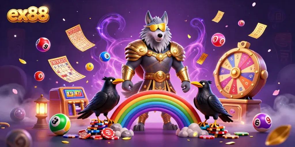 Join the excitement at ex88 with a vibrant 3D illustration featuring Odin, his ravens, and dynamic casino elements.