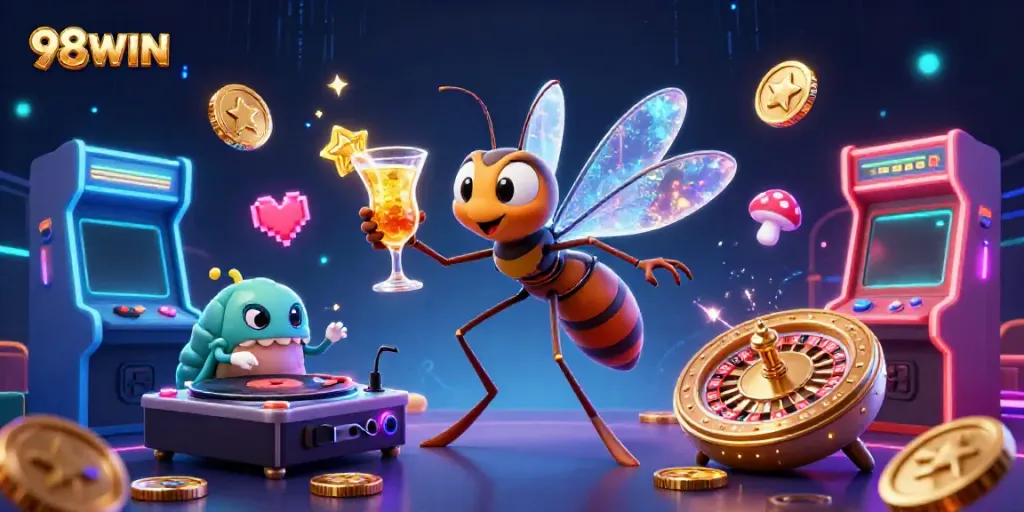 Engage in thrilling gameplay with 98WIN's vibrant casino scene featuring unique characters and gaming elements.