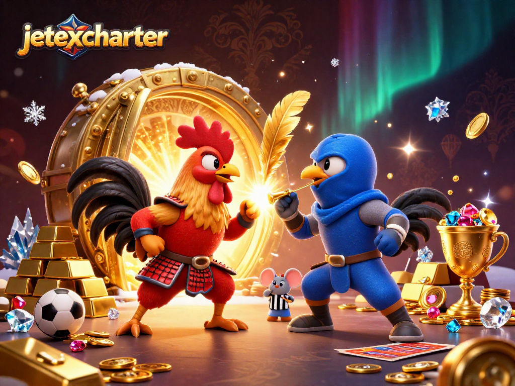 Engage with jetexcharter's thrilling action as roosters battle in a vibrant casino-themed scene.