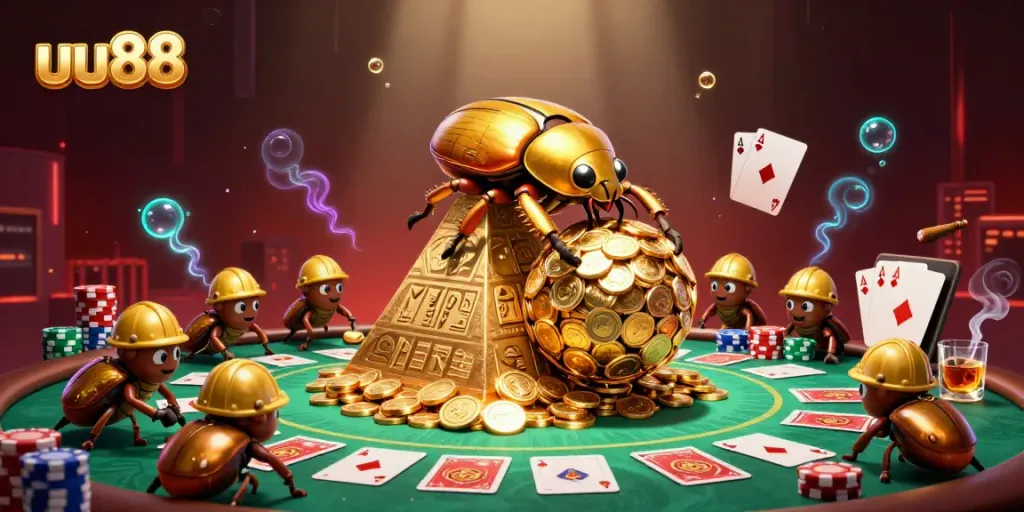 Engage with uu88's vibrant online casino atmosphere, featuring golden beetles and poker elements.