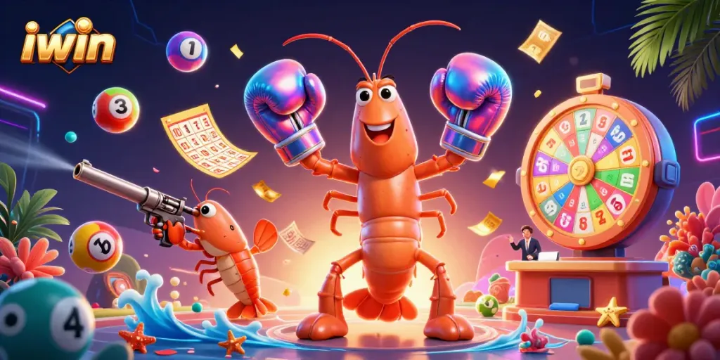 Engage with iwin's vibrant casino world as the mantis shrimp and friends promote playful gambling fun.