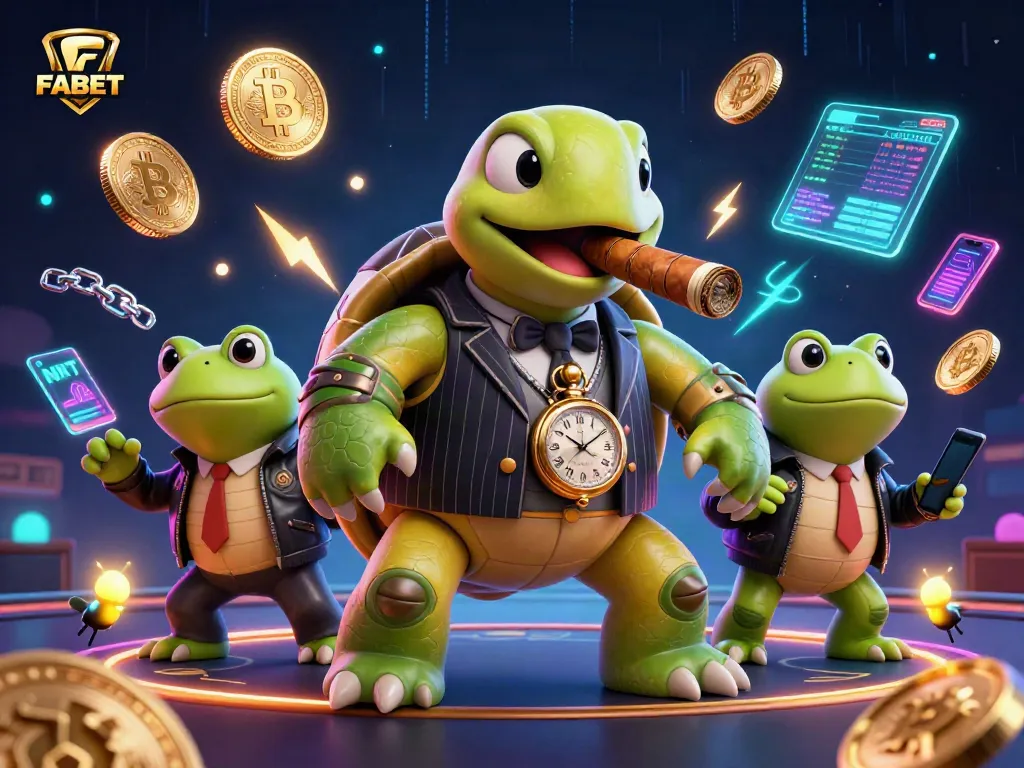 FABET engages players in a vibrant digital casino, surrounded by animated imagery of cryptocurrency and gaming elements.