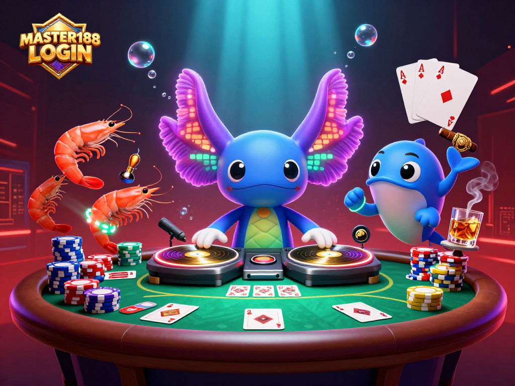 Join the party with MASTER188 LOGIN as a neon axolotl DJ spins at an aquatic casino.