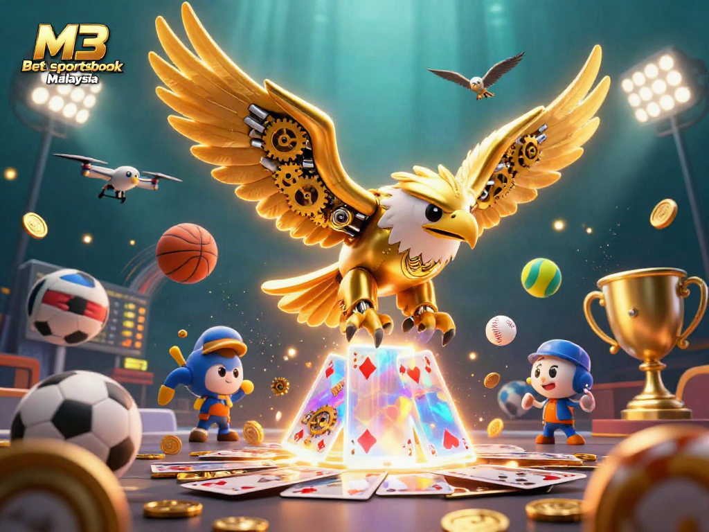 Wager on M3 Bet sportsbook Malaysia with a vibrant 3D sports betting scene featuring dynamic gaming elements.