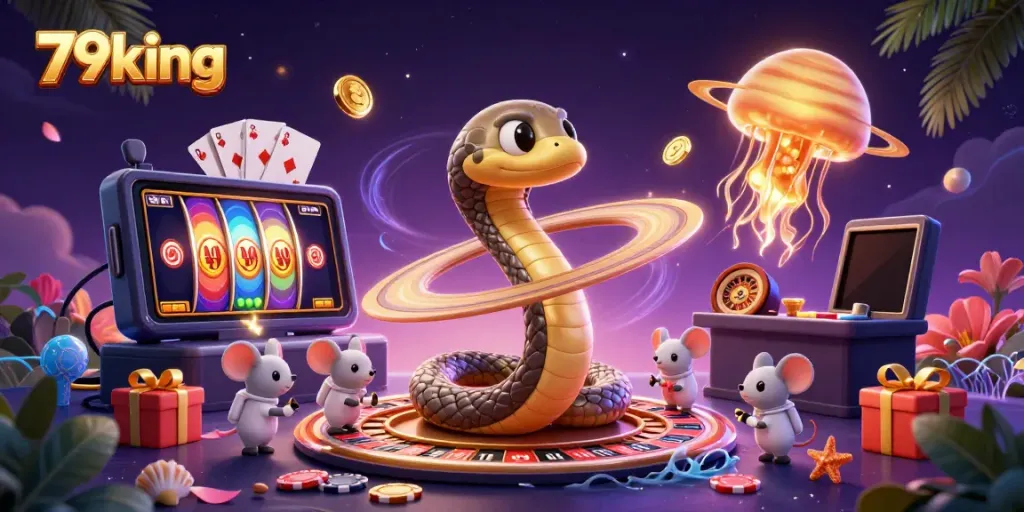 Experience cosmic gambling action with 79king at this vibrant, dynamic casino scene.