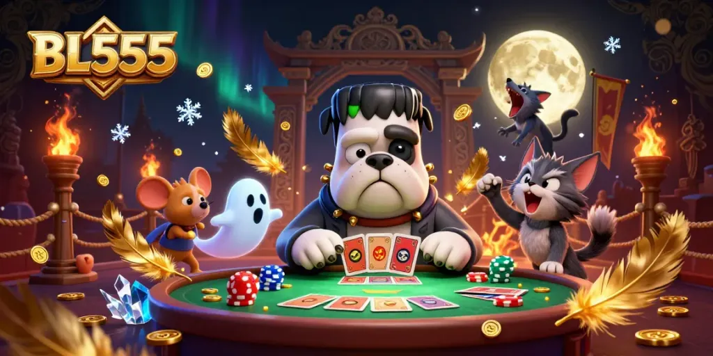 Experience thrilling gaming action at BL555 with unique characters in a vibrant casino scene.