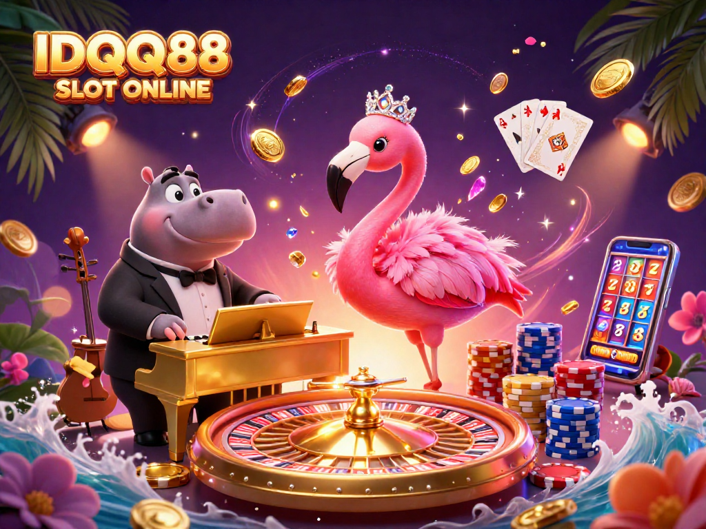 Experience winning with IDQQ88 SLOT ONLINE, surrounded by lively characters and sparkling casino elements.