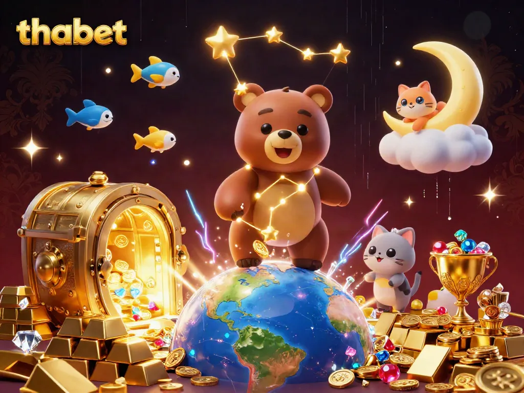 Experience the thrills of thabet with constellation characters scooping up coins in a vibrant casino scene.