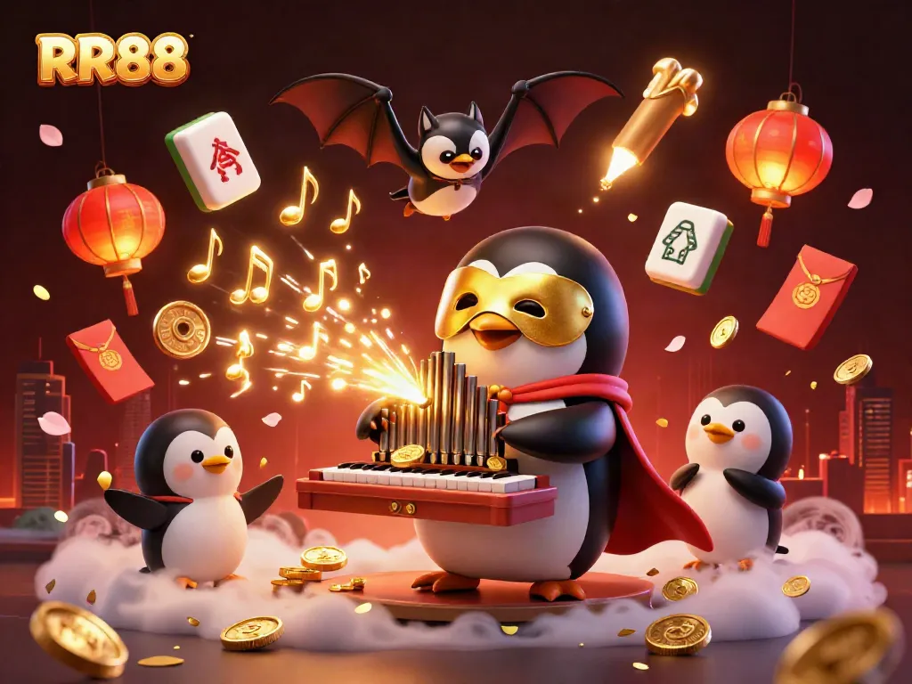Experience RR88 with a vibrant scene of a penguin playing a golden pipe organ, surrounded by festive elements and dazzling visuals.