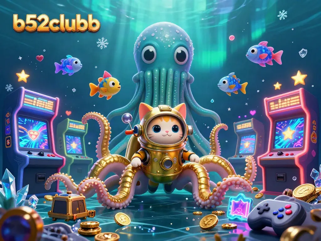 Immerse in the b52clubb gaming experience with a dynamic underwater scene featuring a kraken, diving cat, and colorful arcade elements.