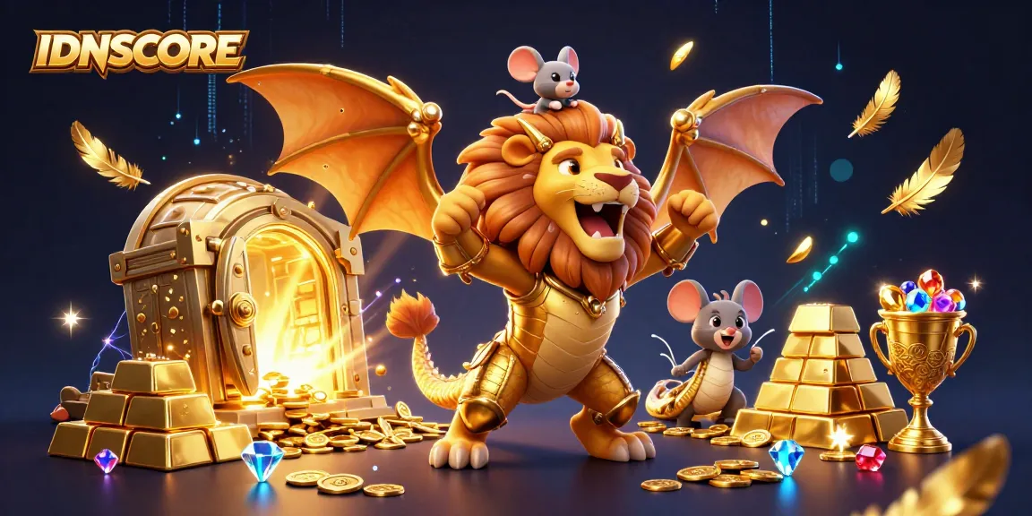 Win with IDNSCORE at the dynamic casino, featuring a roaring chimera and golden treasures.