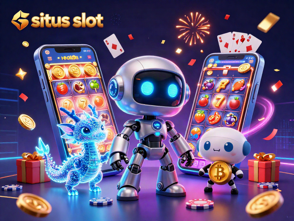 Situs slot showcases an exciting scene with a cyberpunk robot, holographic dragon, and bitcoin drone amidst vibrant slot elements.
