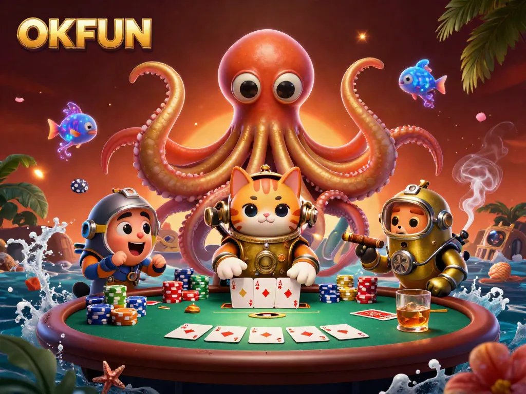 Join the thrilling adventure with OKFUN as a kraken, diving cat, and glowing fish play poker amid treasure.