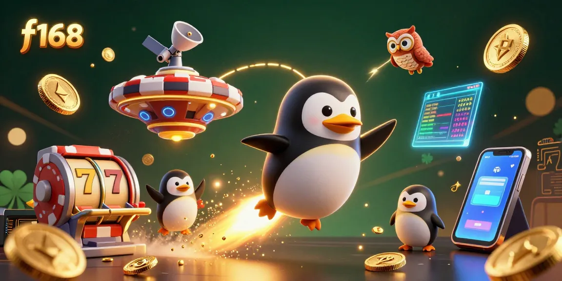 Play exciting games at f168 with a vibrant 3D illustration showcasing animated characters and casino elements.