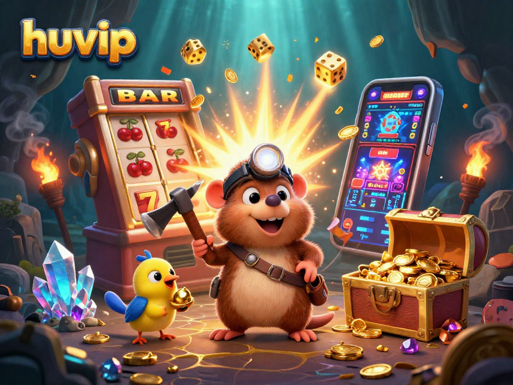 Spin the reels with huvip and experience the excitement of jackpots and treasure in this vibrant 3D illustration.