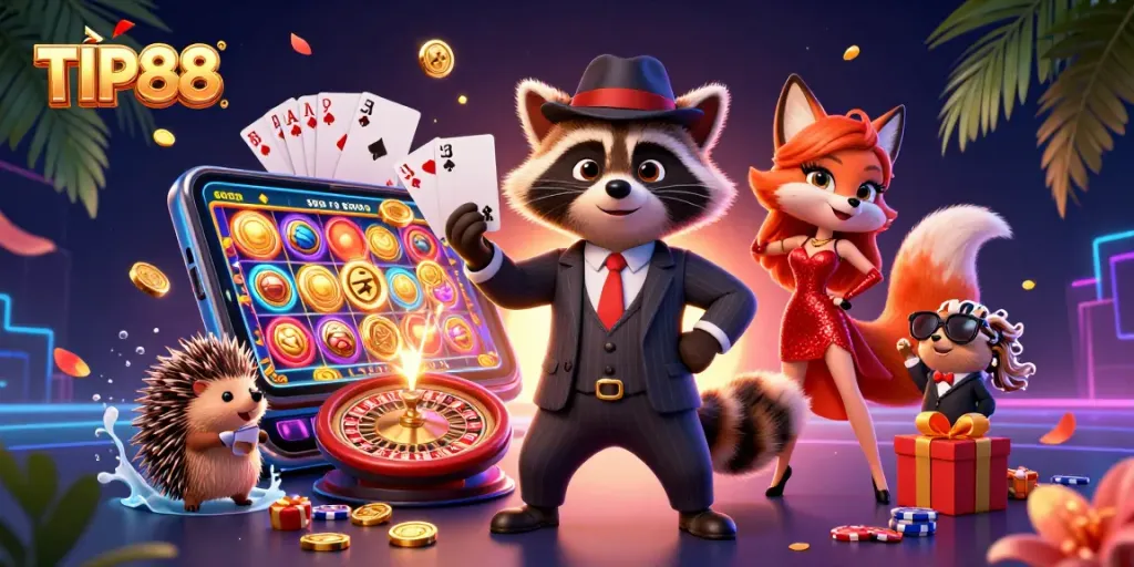 Engage in thrilling gameplay at TIP88 with vibrant casino action, showcasing characters and games.