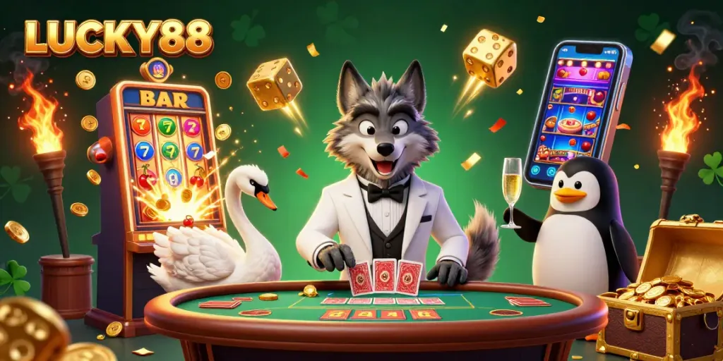 LUCKY88 showcases gamblers winning at slots amidst a vibrant casino scene filled with excitement.