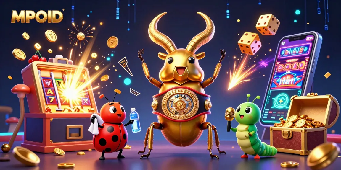 MPOID illustration of a giant beetle boxing with a jackpot slot machine, conveying casino excitement