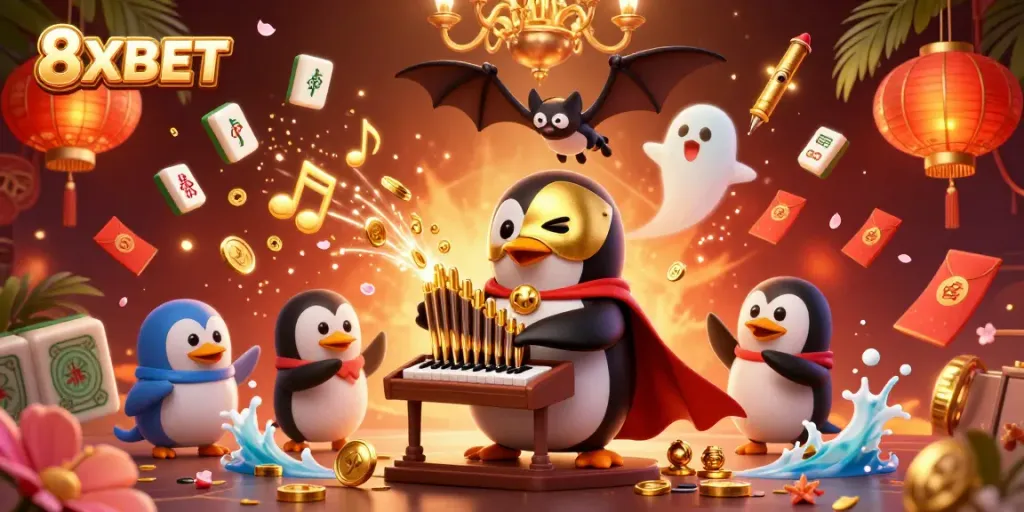 Experience thrilling action at 8XBET with a 3D cartoon penguin organist amidst gold coins and festive decorations.