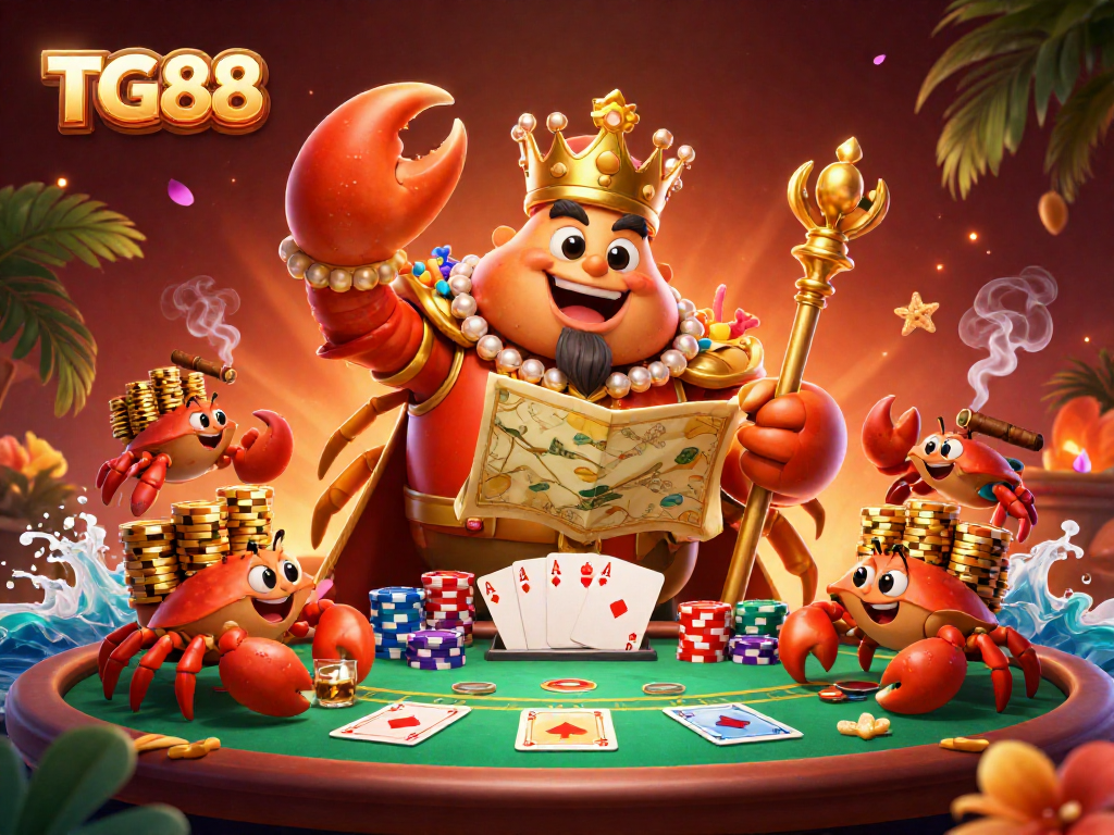 Experience the excitement of TG88 where a golden crab emperor leads a thrilling poker table showdown.