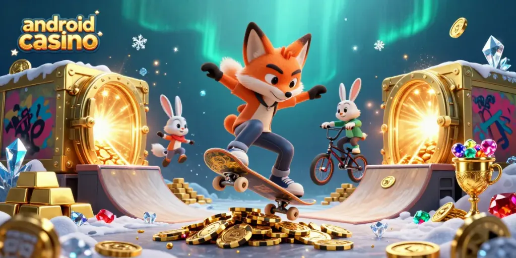 Experience vibrant gaming action with android casino characters in a dynamic 3D scene filled with riches.