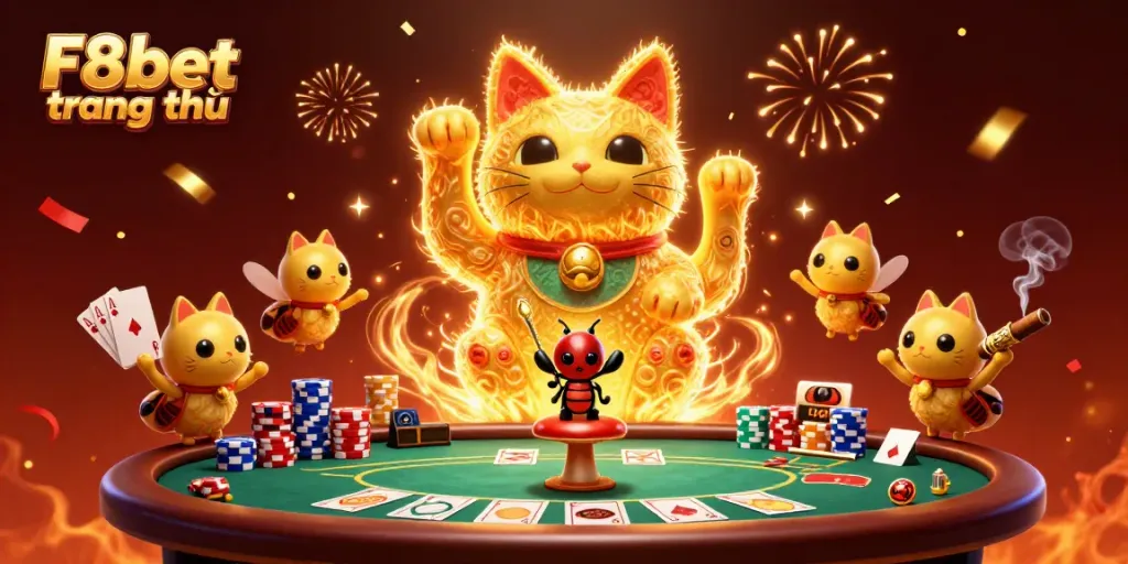 Engage with the vibrant gaming world of F8bet trang chủ, featuring a dynamic scene of a lucky cat and a conductor beetle amidst casino elements.