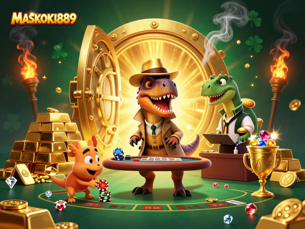 Experience thrilling moments at MASKOKI889 with a clever velociraptor card counter amidst riches.